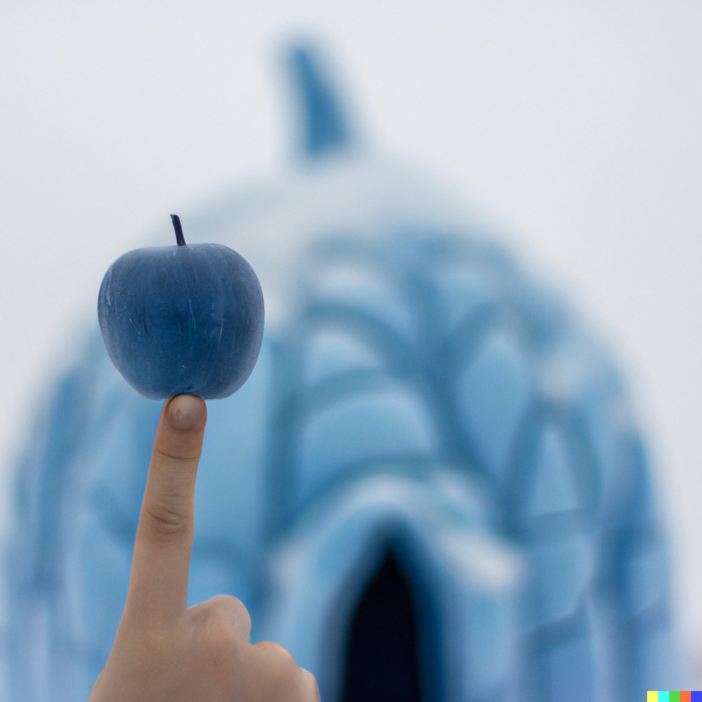 blue apple sitting on the tip of a finger with an igloo in the background