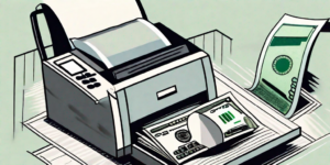 A fax machine with a dollar bill going in one end and a paper coming out the other