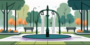 A scenic park with various elements like benches