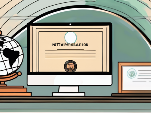 A computer screen displaying a notary seal and a document
