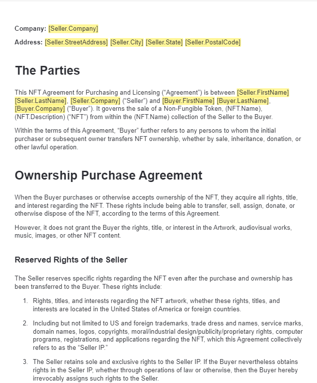 NFT Agreement Template: (Non-Fungible Token) • BlueNotary