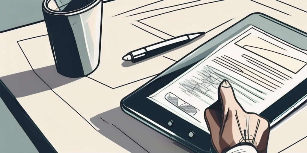 A digital tablet with a stylus hovering above it and a piece of paper with a pen next to it