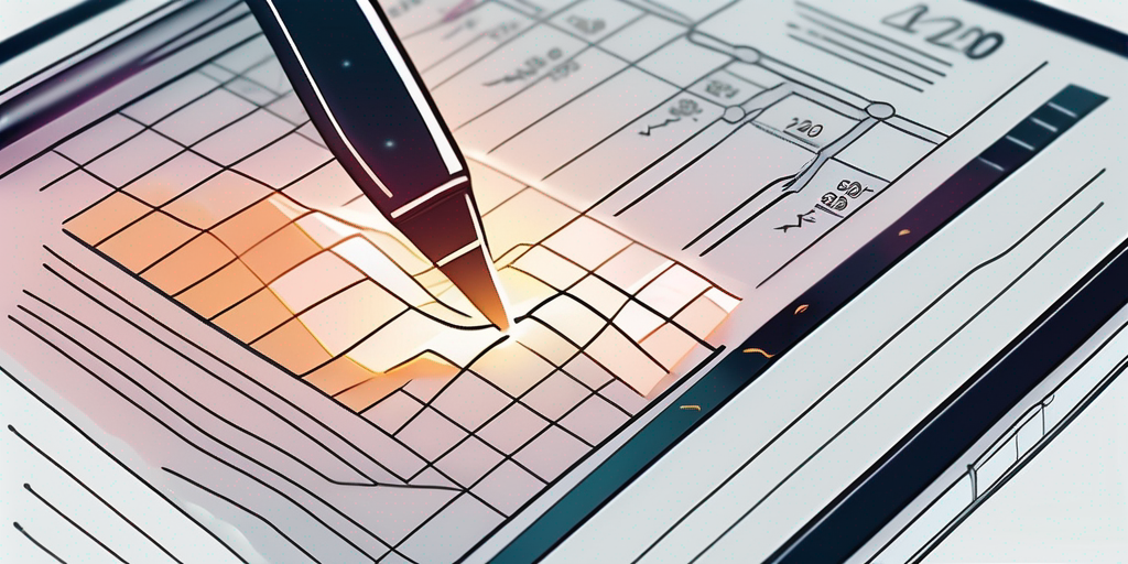 A stylized electronic pen hovering over a digital tablet displaying an accounting spreadsheet