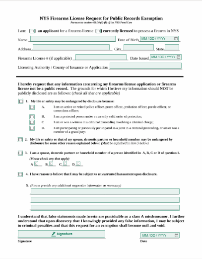 NYS Firearms License Public Records Exemption Form