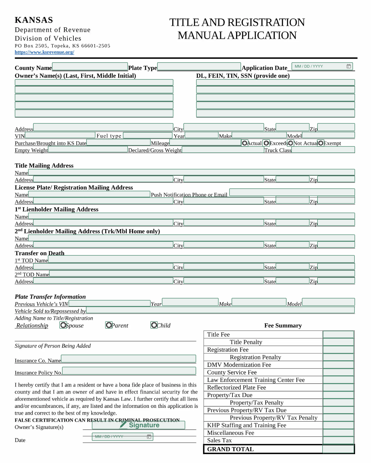 Title Registration (Form TR-212a) Template