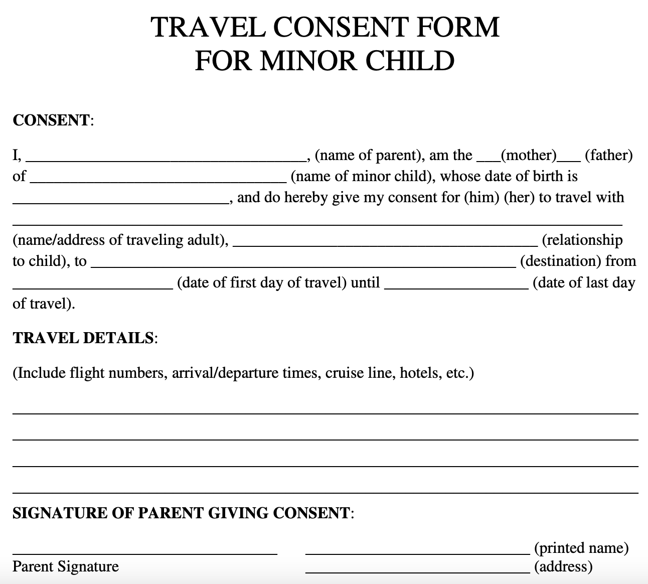 Minor Travel Consent Form Template • BlueNotary