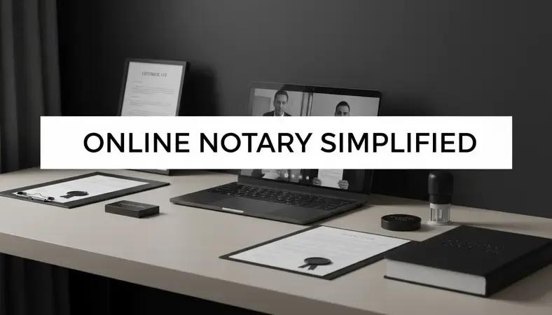 Person using laptop for video call with online notary, documents visible on screen