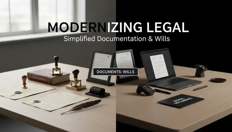 Side-by-side view of traditional notary office and modern home office setup for online notarization