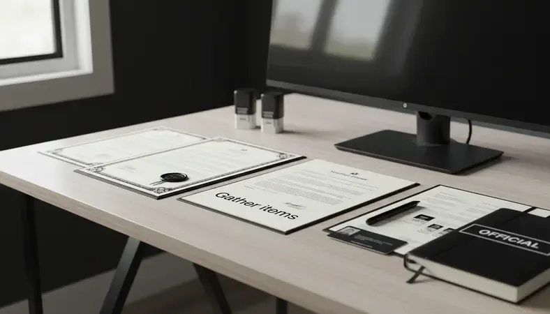 Well-lit home office setup showing proper positioning for online notarization with ID and documents visible