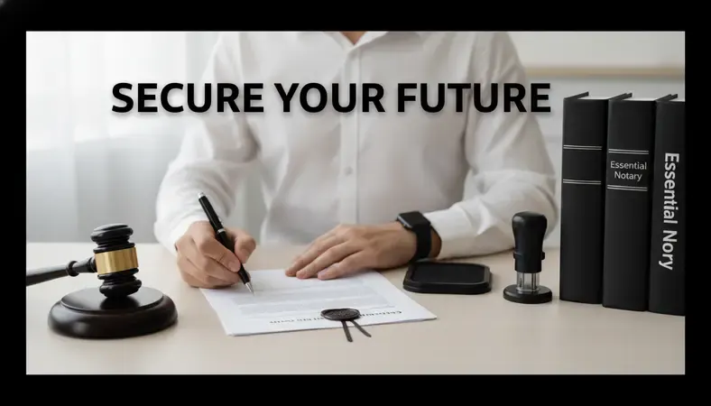 Professional notary public reviewing documents with official seal and stamp at modern office desk