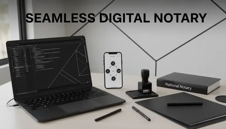 Mobile notary professional meeting client at home office with portable notary supplies and digital tools
