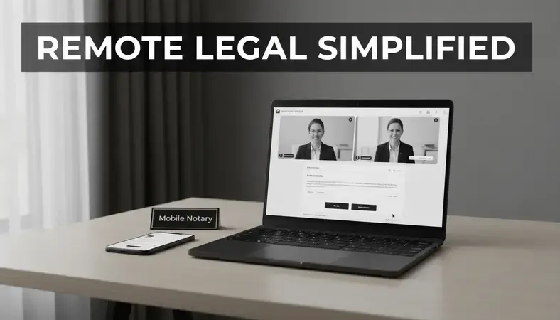 Split screen showing person on video call with notary public using remote online notarization platform with digital signature tools