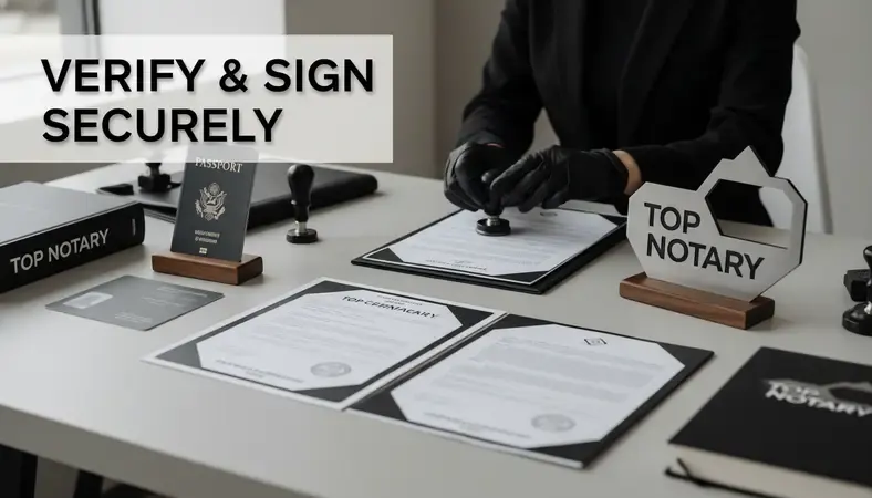 Notary public performing identity verification and document witnessing process