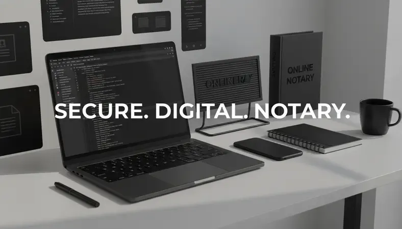 Professional using laptop for online notarization with digital documents and video call interface