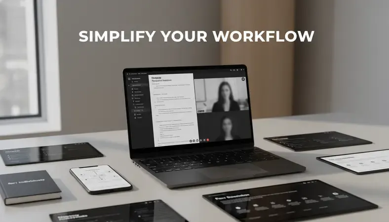Split screen showing document preparation software and online notary video session
