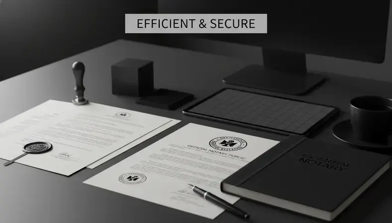 Professional notary workspace with documents, digital tablet, and official seal