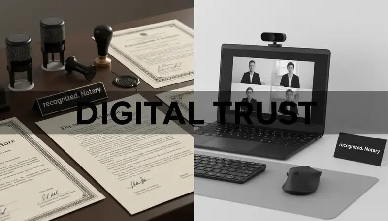Split screen showing traditional notary office and modern RON video session setup