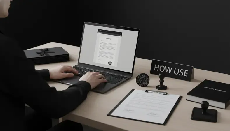 Professional using laptop for online notary session with digital documents on screen