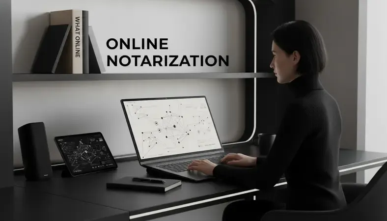 Professional using laptop for online notarization with digital documents on screen