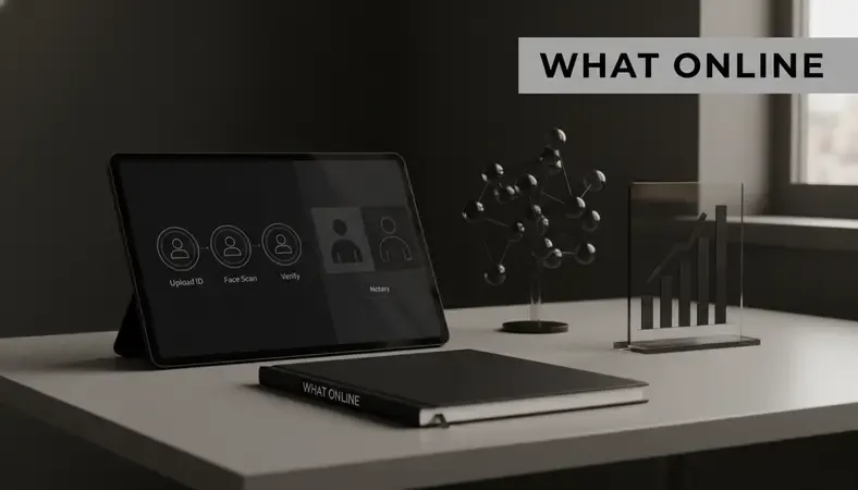 Split screen showing identity verification steps and video call with notary