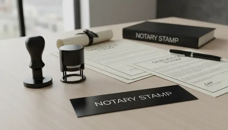 Professional notary workspace showing both a traditional rubber stamp and an embossed seal side by side on a desk with documents