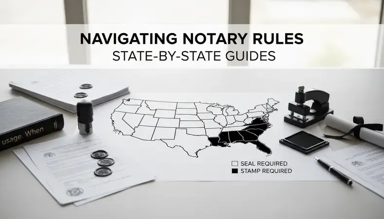 Map of the United States highlighting different state requirements for notary stamps versus seals