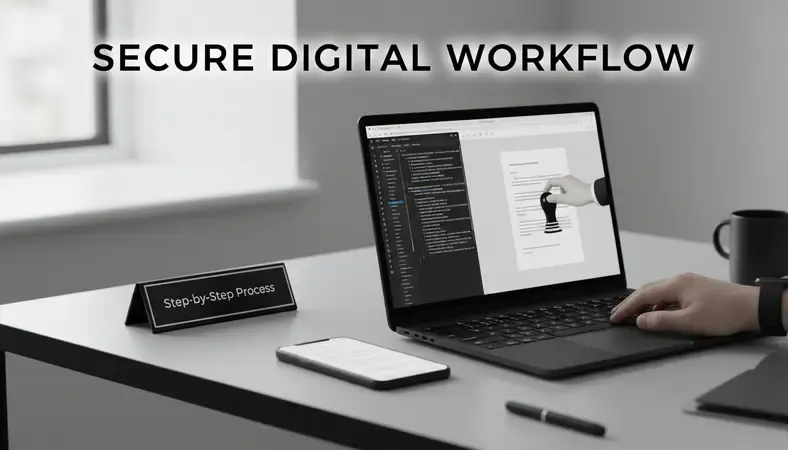 Computer screen showing a digital notary stamp being applied to an electronic document during a remote notarization session