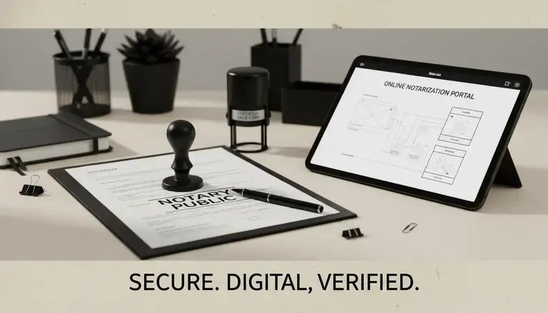 Professional notary public workspace with traditional stamp and modern tablet showing online notarization interface