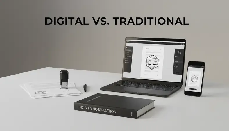 Side-by-side view of traditional paper documents with physical notary stamps next to digital documents with electronic notary seals on computer screen