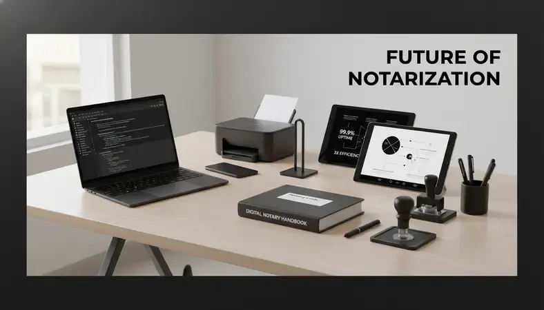 Professional setup showing both traditional notary tools and modern digital notarization equipment representing the evolution of notary services