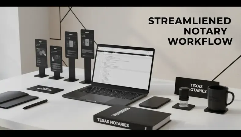 Mobile notary providing services at client's home office with laptop and official seal