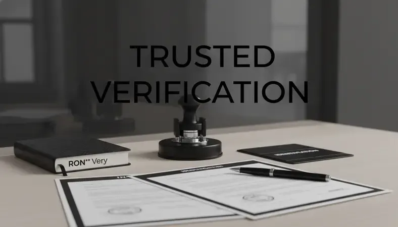 Professional notary workspace showing official seal, journal, and identification verification process