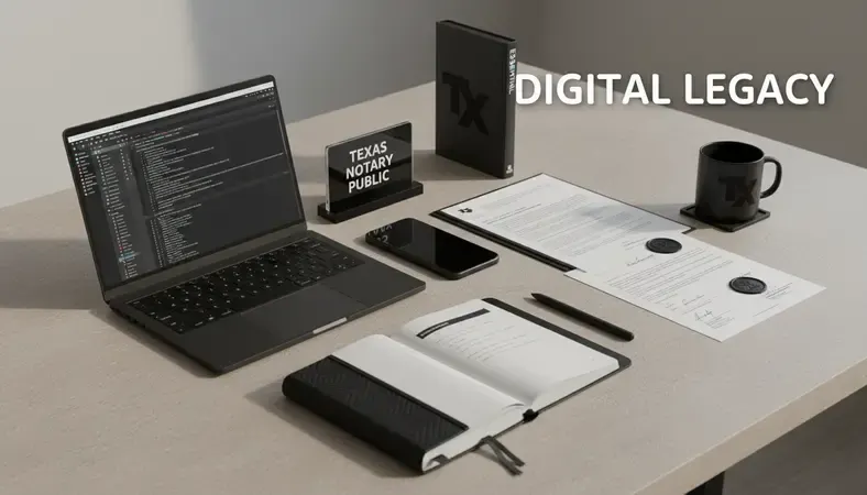 Professional Texas notary public workspace with official documents and digital tools