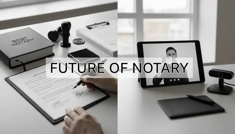 Split screen showing traditional in-person notarization on left and remote online notarization video call on right