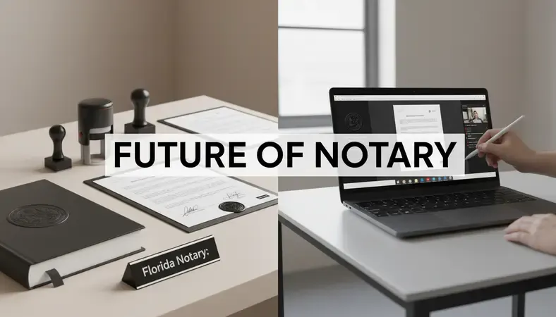 Split screen showing traditional notary office and remote notarization on laptop