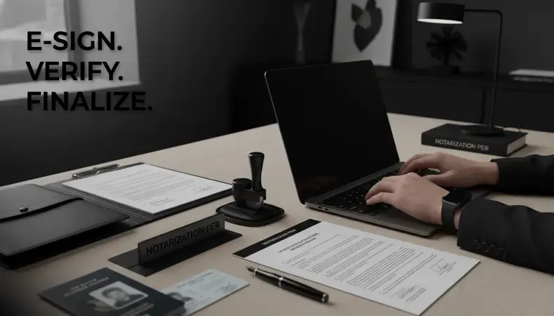 Person using laptop for remote notarization with ID and documents visible