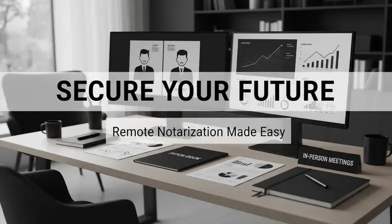 Modern home office setup with dual monitors showing video notarization session