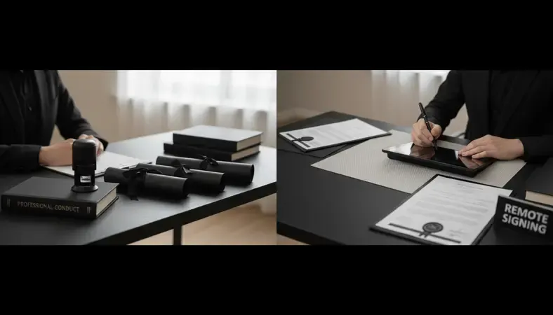 Split screen showing notary working from home office while client signs documents remotely