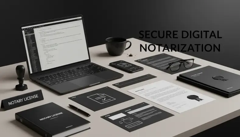 Professional notary workspace with official seal, documents, and digital tools