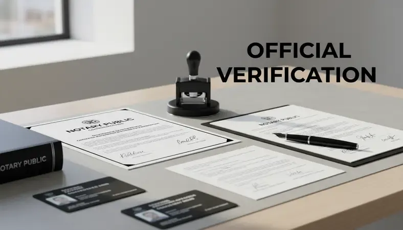 Official notary public commission certificate on a desk with a notary seal and government identification documents