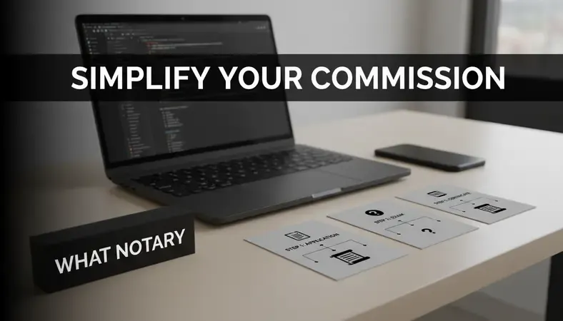 Step-by-step notary public commission application process shown as a flowchart with application form, exam, and certificate stages