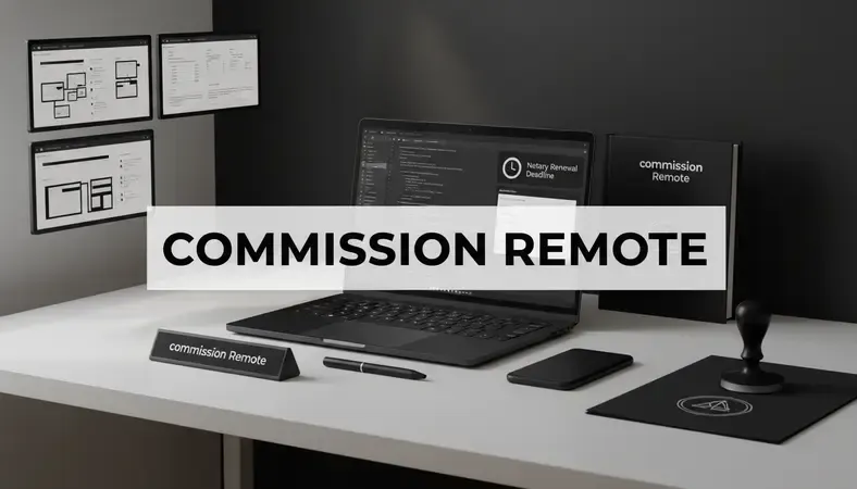 Calendar reminder for notary public commission renewal deadline with notary seal and renewal application form