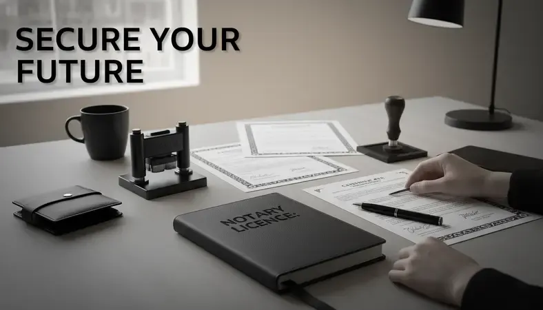 A person reviewing official notary commission documents at a desk with a notary seal and stamp