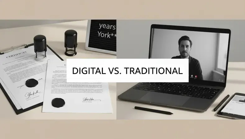 Side-by-side visual comparing traditional in-person notarization with remote online notarization using a laptop and video call