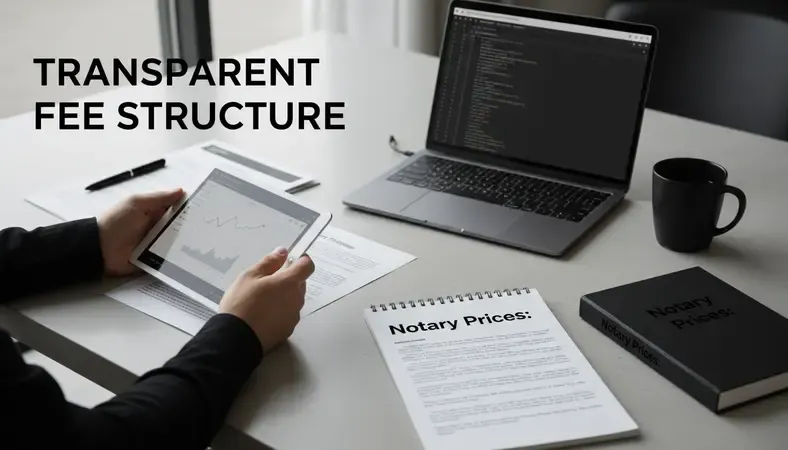 Person reviewing notary fee schedule documents at a desk with a laptop and official papers