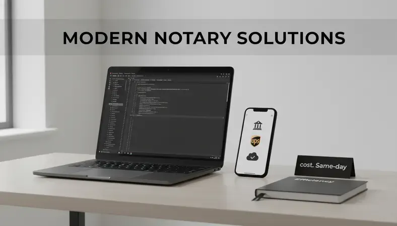 Screenshot-style illustration showing different notary service locations including bank, UPS store, and online platform icons