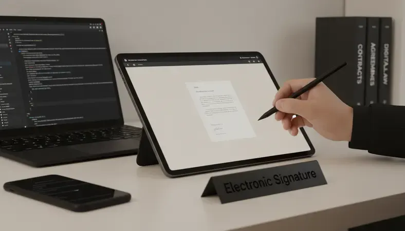Person signing a document on a tablet using an electronic signature service platform