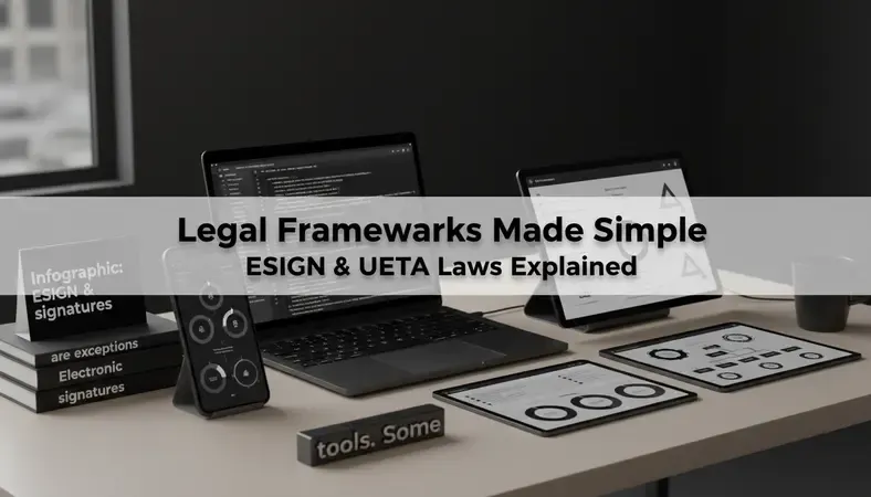 Infographic showing the legal framework for electronic signatures under ESIGN and UETA laws in the United States