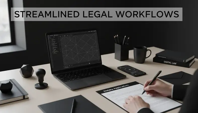 Person completing a notary application form at a desk with official documents and a stamp