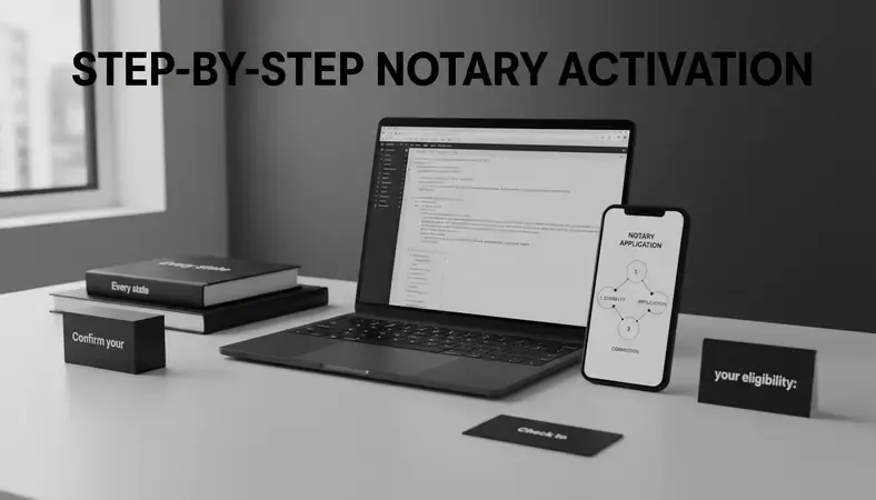 Step-by-step notary application flowchart showing the stages from eligibility check to commission activation